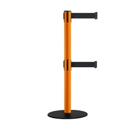 Montour Line Retractable Dbl Belt 2.5" Orange Post , Low Base, 11' Black Belt S400D-OR-BK-110